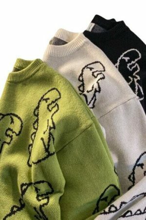 Y2K Dinosaur Print Knit Sweater - Streetwear Harajuku Aesthetic