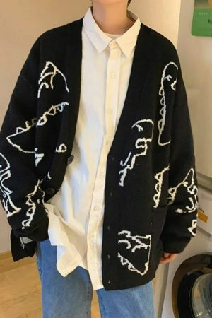 Y2K Dinosaur Print Oversized Knit Cardigan Streetwear Hip Hop Winter Coat