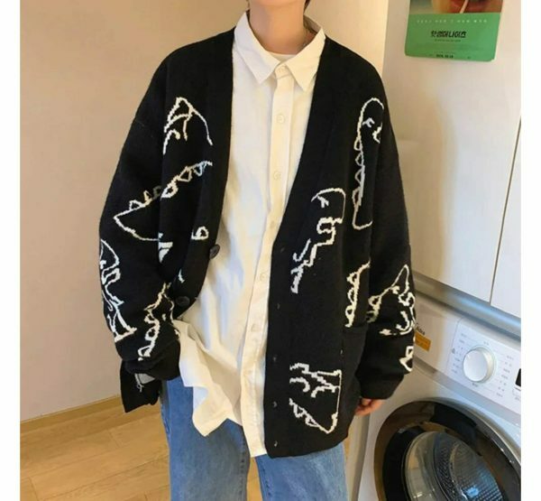 Y2K Dinosaur Print Oversized Knit Cardigan Streetwear Hip Hop Winter Coat