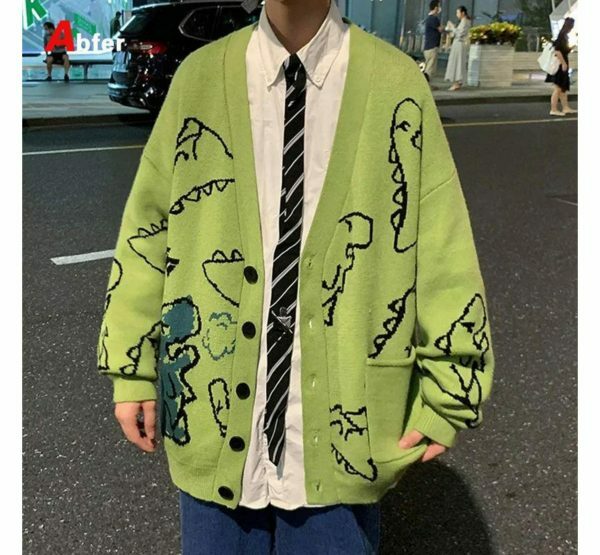 Y2K Dinosaur Print Oversized Knit Cardigan Streetwear Hip Hop Winter Coat