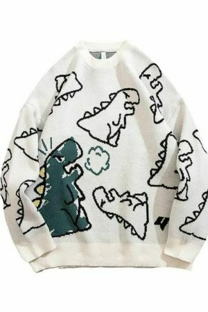 Y2K Dinosaur Print Oversized Knit Cardigan Streetwear Hip Hop Winter Coat