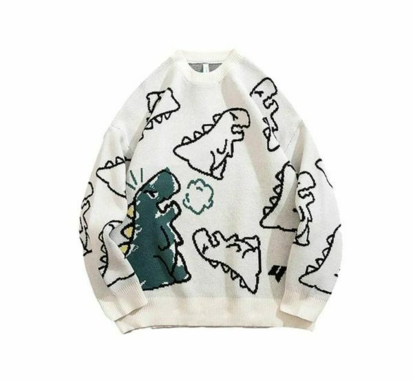 Y2K Dinosaur Print Oversized Knit Cardigan Streetwear Hip Hop Winter Coat