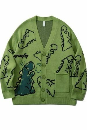 Y2K Dinosaur Print Oversized Knit Cardigan Streetwear Hip Hop Winter Coat