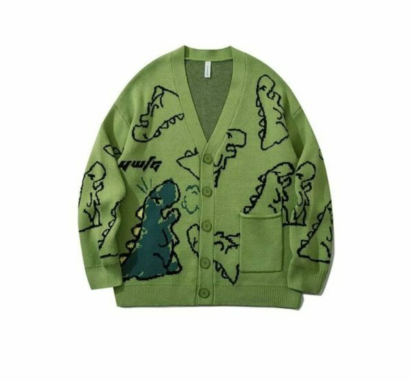 Y2K Dinosaur Print Oversized Knit Cardigan Streetwear Hip Hop Winter Coat