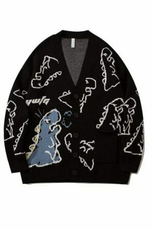 Y2K Dinosaur Print Oversized Knit Cardigan Streetwear Hip Hop Winter Coat