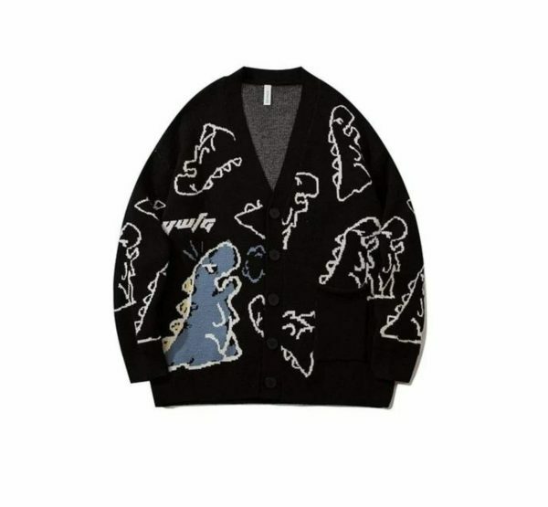 Y2K Dinosaur Print Oversized Knit Cardigan Streetwear Hip Hop Winter Coat