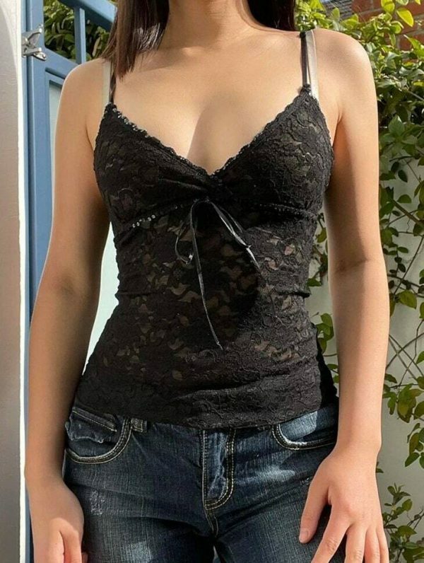 Y2K Ditsy Black Lace Cami Streetwear Top