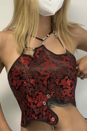 Y2K Dragon Print Lace-Up Corset Camisole - Streetwear Vintage Fashion Top