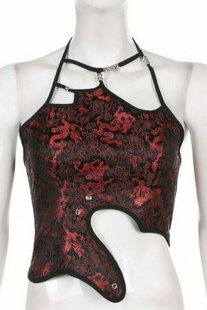 Y2K Dragon Print Lace-Up Corset Camisole - Streetwear Vintage Fashion Top