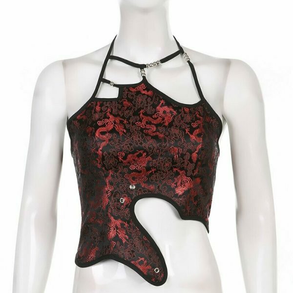 Y2K Dragon Print Lace-Up Corset Camisole - Streetwear Vintage Fashion Top