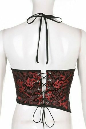 Y2K Dragon Print Lace-Up Corset Camisole - Streetwear Vintage Fashion Top