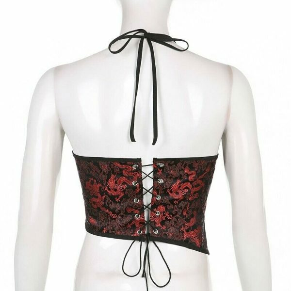 Y2K Dragon Print Lace-Up Corset Camisole - Streetwear Vintage Fashion Top