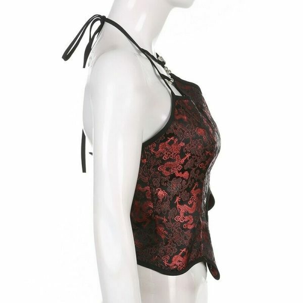 Y2K Dragon Print Lace-Up Corset Camisole - Streetwear Vintage Fashion Top