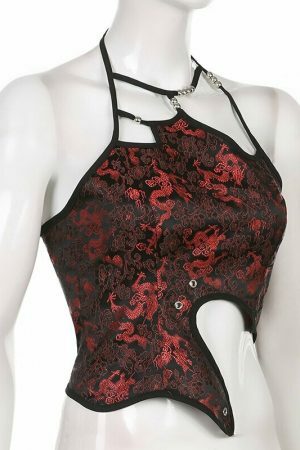 Y2K Dragon Print Lace-Up Corset Camisole - Streetwear Vintage Fashion Top