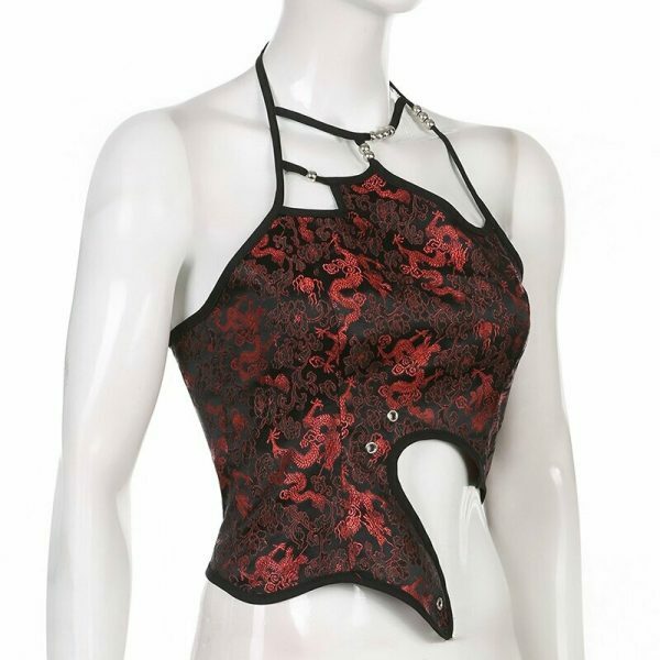 Y2K Dragon Print Lace-Up Corset Camisole - Streetwear Vintage Fashion Top