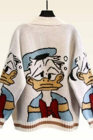 Y2K Duck Print Embroidered Knit Cardigan Harajuku Streetwear