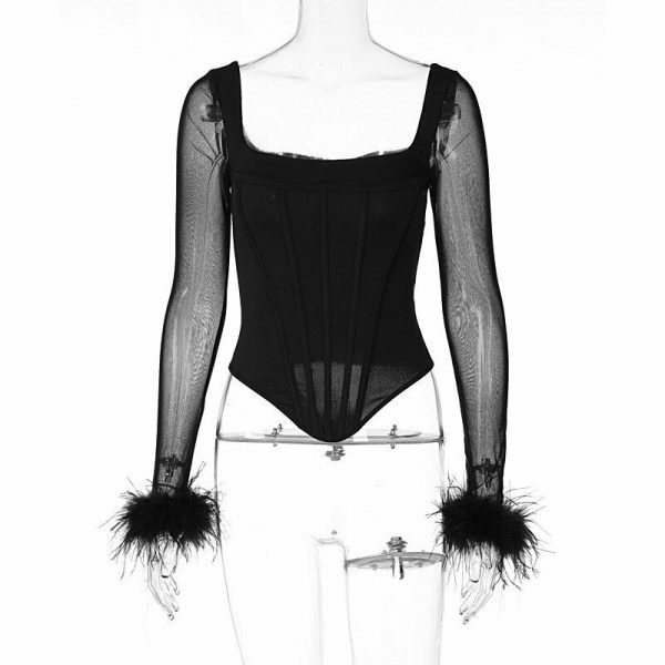 Y2K Elegant Long Sleeve Hairy Corset Blouse Top Women Streetwear Aesthetic