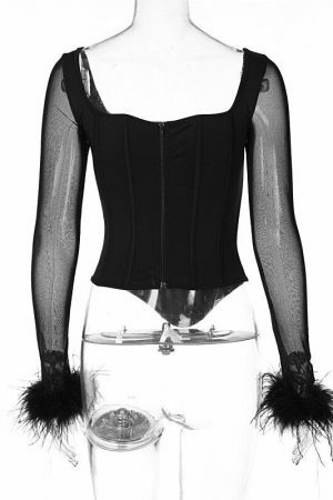 Y2K Elegant Long Sleeve Hairy Corset Blouse Top Women Streetwear Aesthetic