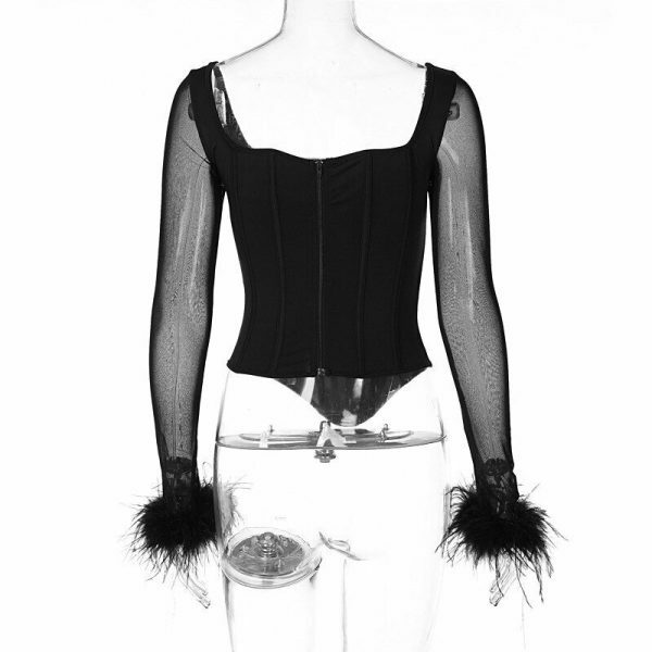 Y2K Elegant Long Sleeve Hairy Corset Blouse Top Women Streetwear Aesthetic