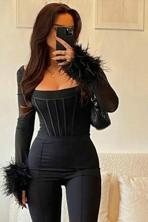 Y2K Elegant Long Sleeve Hairy Corset Blouse Top Women Streetwear Aesthetic