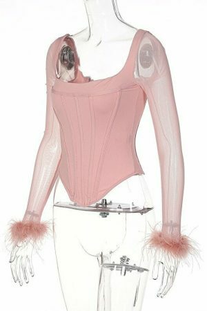 Y2K Elegant Long Sleeve Hairy Corset Blouse Top Women Streetwear Aesthetic