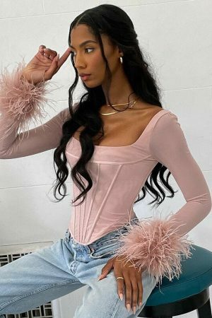 Y2K Elegant Long Sleeve Hairy Corset Blouse Top Women Streetwear Aesthetic