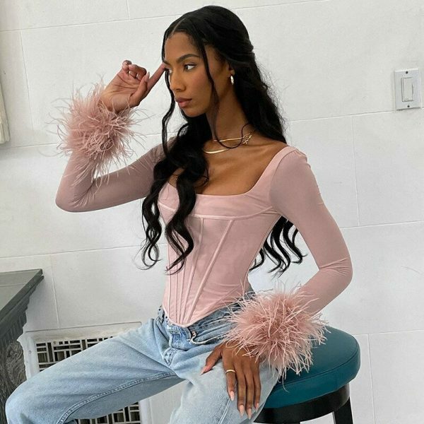 Y2K Elegant Long Sleeve Hairy Corset Blouse Top Women Streetwear Aesthetic