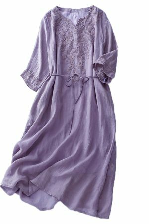 Y2K Embroidered Cotton Linen Maxi Dress for Women, Streetwear Retro A-Line Midi Dress