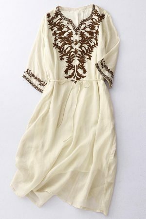 Y2K Embroidered Cotton Linen Maxi Dress for Women, Streetwear Retro A-Line Midi Dress