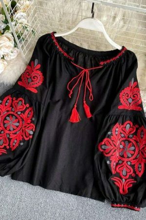 Y2K Embroidered Lace-Up Tassel V-Neck Lantern Sleeve Retro Streetwear Dress