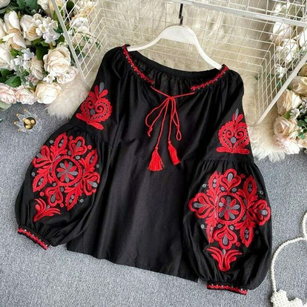 Y2K Embroidered Lace-Up Tassel V-Neck Lantern Sleeve Retro Streetwear Dress