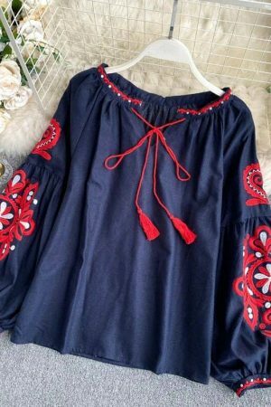 Y2K Embroidered Lace-Up Tassel V-Neck Lantern Sleeve Retro Streetwear Dress