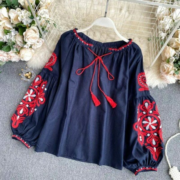 Y2K Embroidered Lace-Up Tassel V-Neck Lantern Sleeve Retro Streetwear Dress