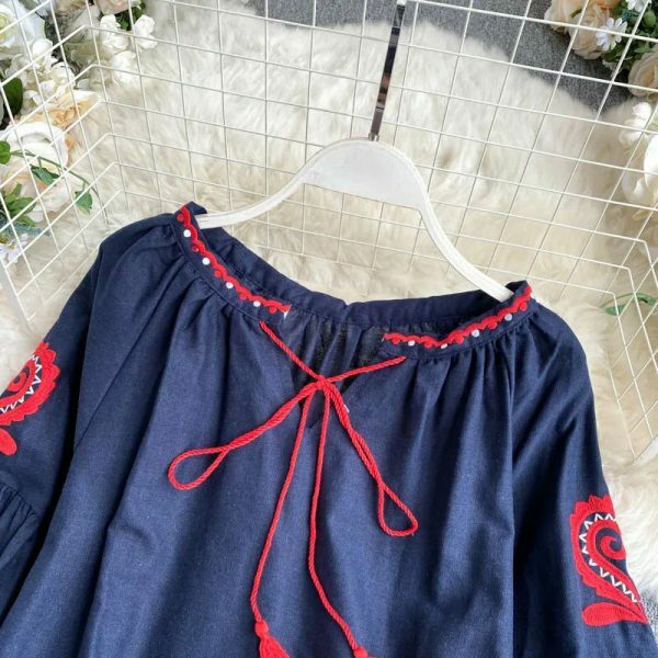 Y2K Embroidered Lace-Up Tassel V-Neck Lantern Sleeve Retro Streetwear Dress