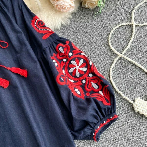 Y2K Embroidered Lace-Up Tassel V-Neck Lantern Sleeve Retro Streetwear Dress