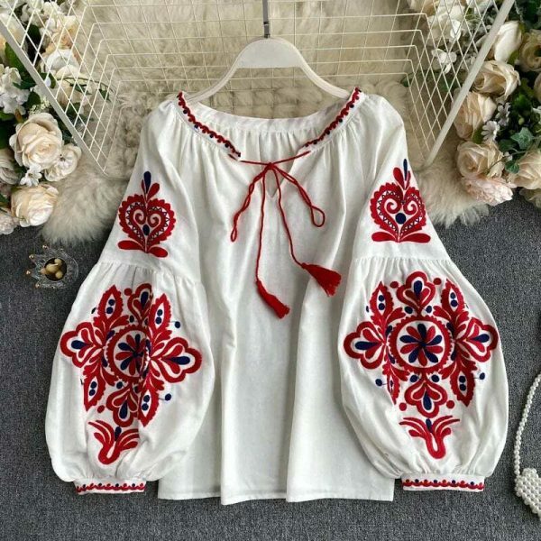 Y2K Embroidered Lace-Up Tassel V-Neck Lantern Sleeve Retro Streetwear Dress