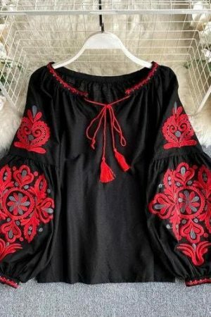 Y2K Embroidered Lace-Up Tassel V-Neck Lantern Sleeve Retro Streetwear Dress