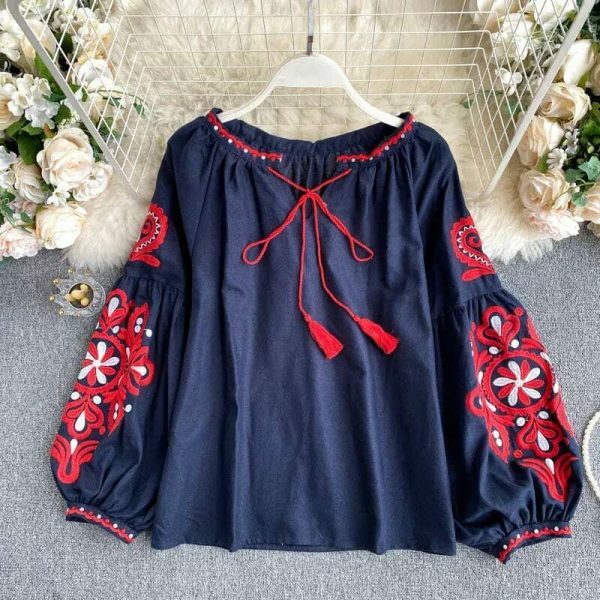 Y2K Embroidered Lace-Up Tassel V-Neck Lantern Sleeve Retro Streetwear Dress