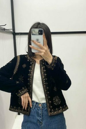 Y2K Embroidered Velvet Jacket for Women - Retro Streetwear Aesthetic