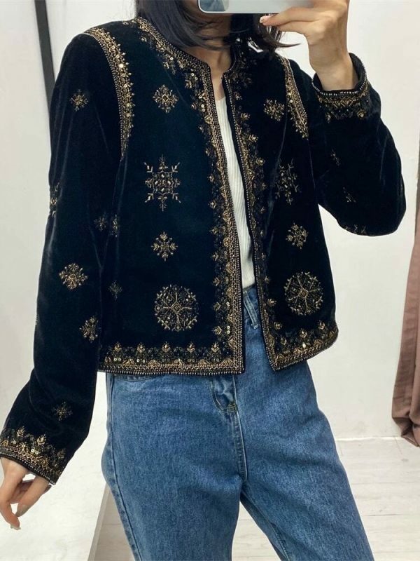 Y2K Embroidered Velvet Jacket for Women - Retro Streetwear Aesthetic