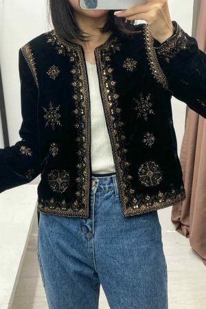 Y2K Embroidered Velvet Jacket for Women - Retro Streetwear Aesthetic