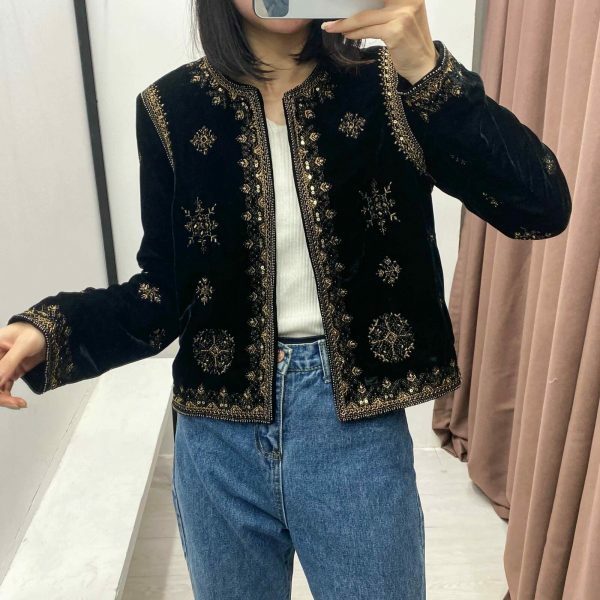 Y2K Embroidered Velvet Jacket for Women - Retro Streetwear Aesthetic