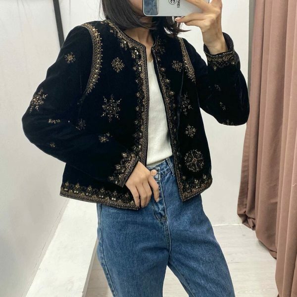 Y2K Embroidered Velvet Jacket for Women - Retro Streetwear Aesthetic