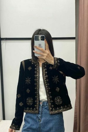 Y2K Embroidered Velvet Jacket for Women - Retro Streetwear Aesthetic