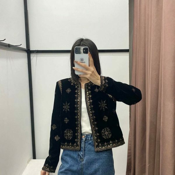 Y2K Embroidered Velvet Jacket for Women - Retro Streetwear Aesthetic