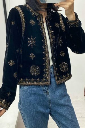 Y2K Embroidered Velvet Jacket for Women - Retro Streetwear Aesthetic