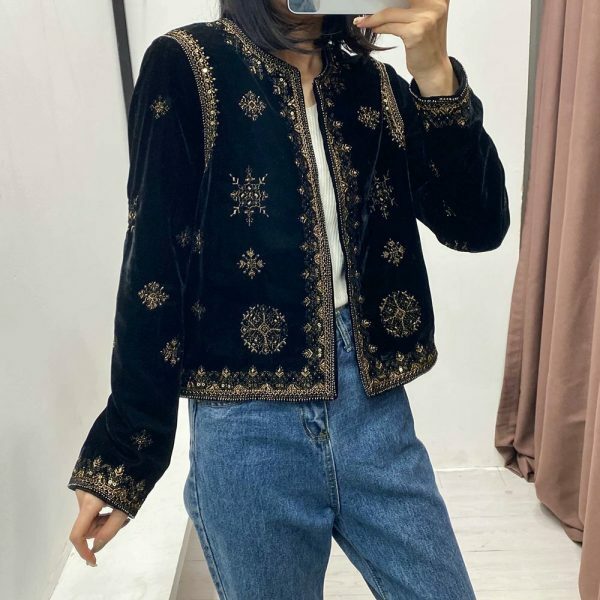 Y2K Embroidered Velvet Jacket for Women - Retro Streetwear Aesthetic