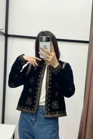 Y2K Embroidered Velvet Jacket for Women - Retro Streetwear Aesthetic