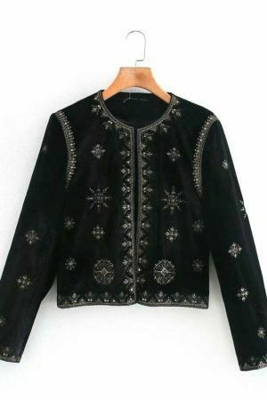 Y2K Embroidered Velvet Jacket for Women - Retro Streetwear Aesthetic