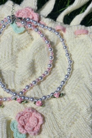 Y2K Fairycore Beaded Necklace, Coquette Aesthetic White Pearl Roses Choker, Rave Festival Birthday Jewelry